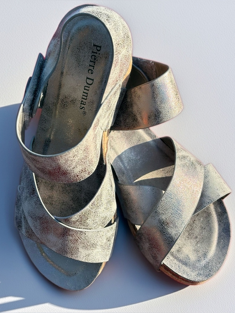 NWOB Pierre Dumas Metallic Criss Cross Wedge Sandals Size 6.5